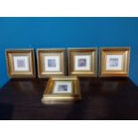 Set of five Classical scenes coloured prints mounted in gilt frames {18 cm H x 16 cm W}.