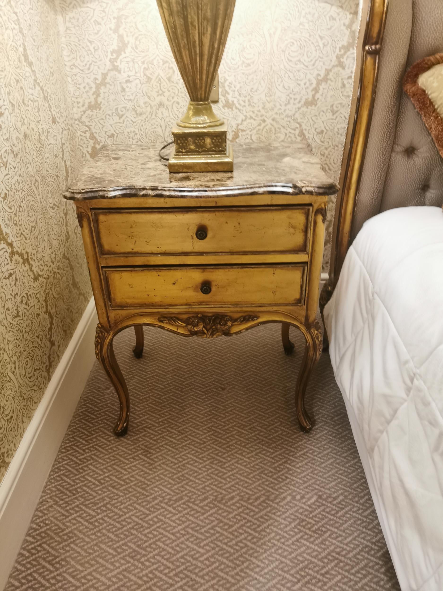 Pair of French giltwood bedside cabinets with marble top {72 cm H x 59 cm W x 40 cm D}.