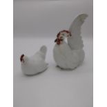 Pair of rare early Chinese ceramic Cockerel and Hen figures. {24 cm H x 16 cm x 10 cm D} and {10