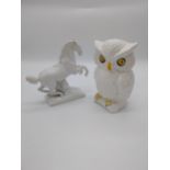 Ceramic model of a Marley Horse and model of an Owl {20 cm H x 20 cm W x 8 cm D and 22 cm H x 13