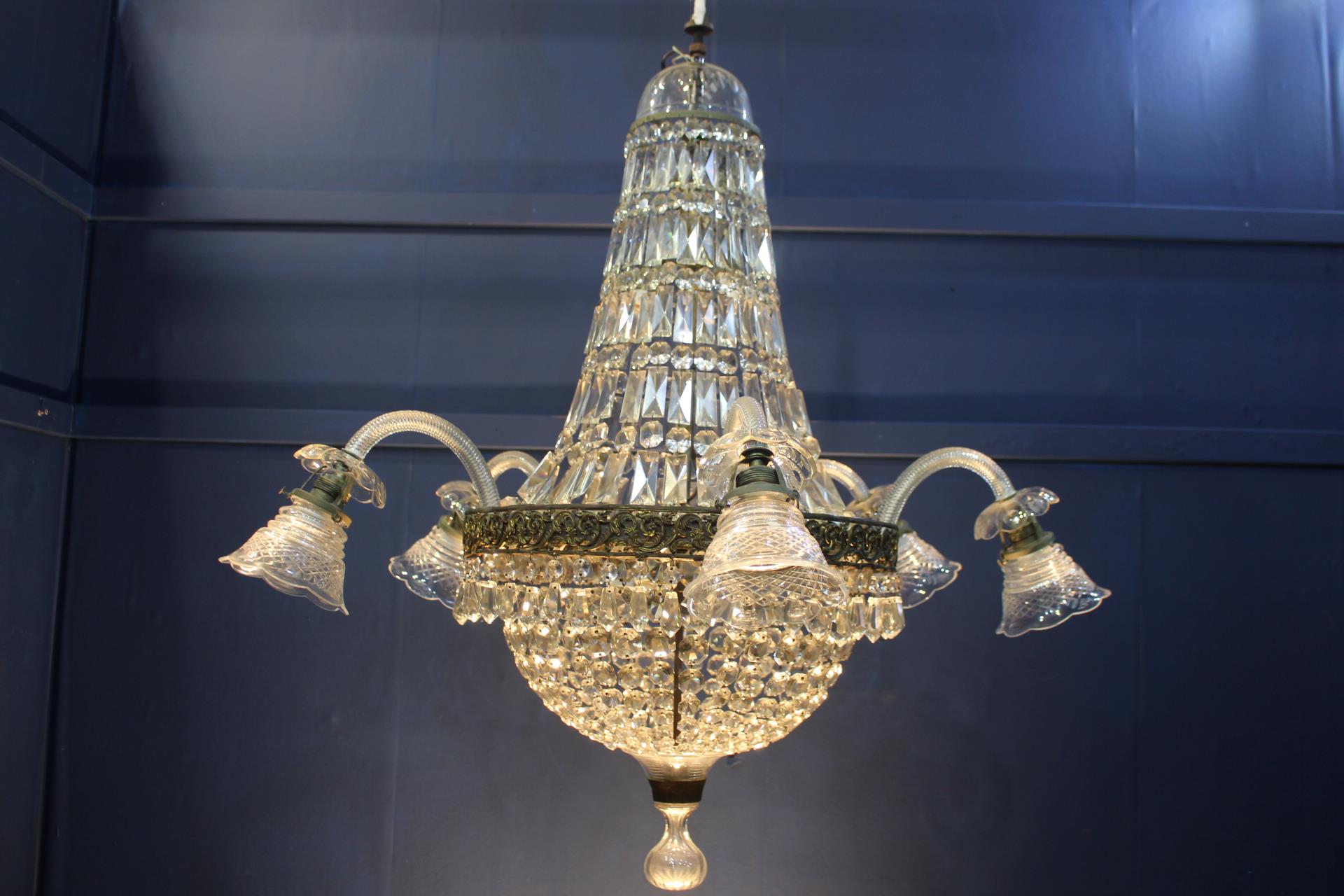 Mokano brass and cut glass five branch chandelier {H 100cm x Dia 95cm}.