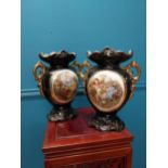 Pair of 19th C. hand painted ceramic vases with gilded decoration. {32 cm H x 22 cm W x 12 cm D}