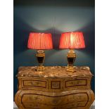 Decorative pair of brass and marble table lamps with cloth shades. { 66 cm H X 44 cm Dia }.