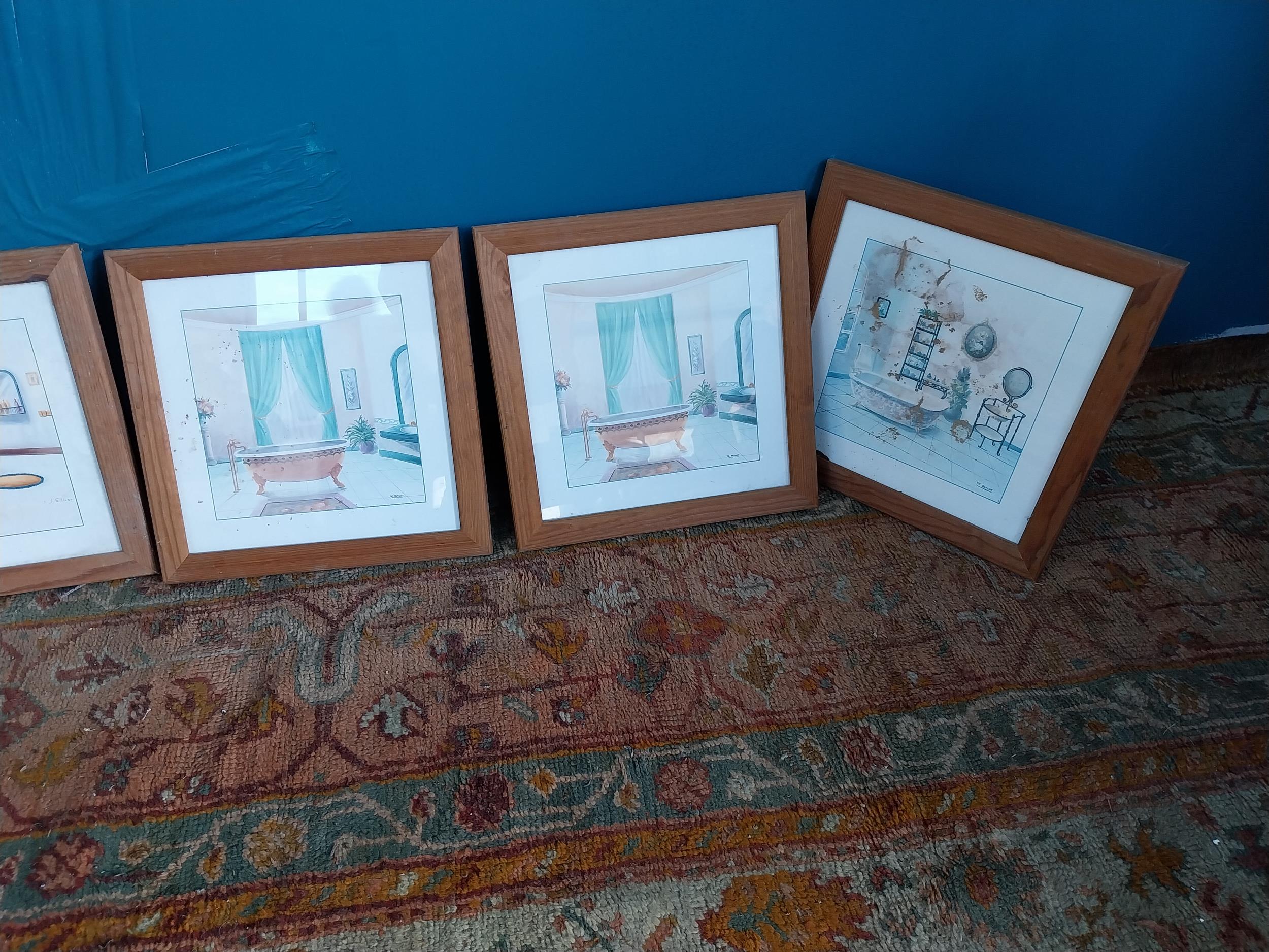 Set of seven Bathroom scenes coloured prints mounted in wooden frames {35 cm H x 35 cm W}. - Image 2 of 4