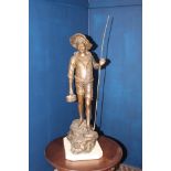 Bronze figure of a Fisherman mounted on marble base signed ( Demartino) {H 87cm x W 26cm x D 29cm}.