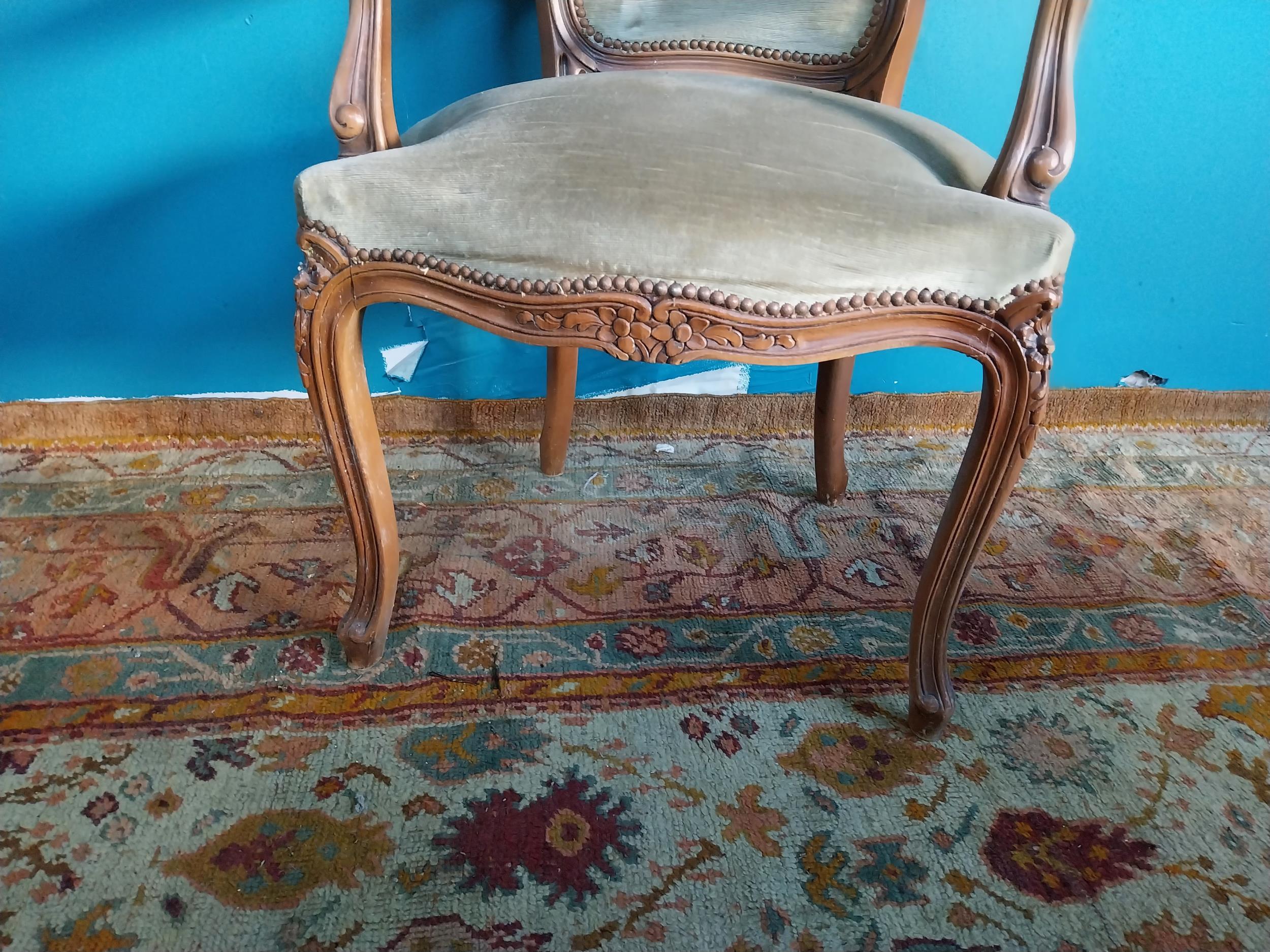 Pair of vintage French walnut and upholstered armchairs raised on cabriole legs and single chair {97 - Image 6 of 6