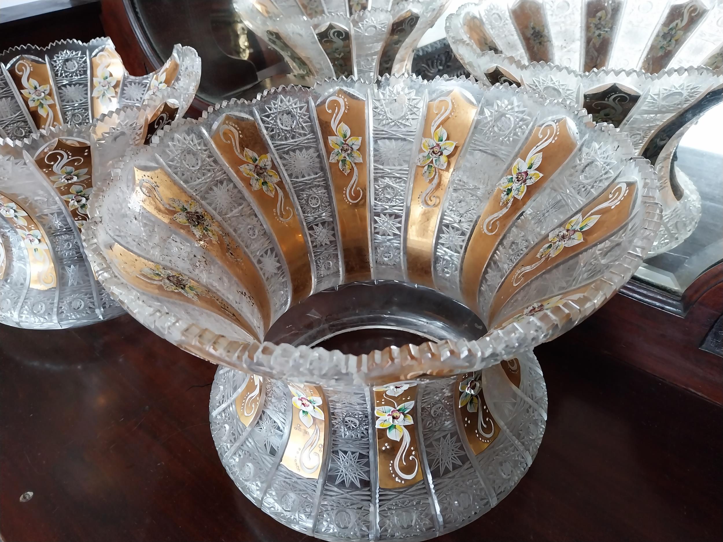 Pair of Bohemian cut crystal shades one with damage. {26 cm H x 36 cm Diam}. - Image 3 of 3