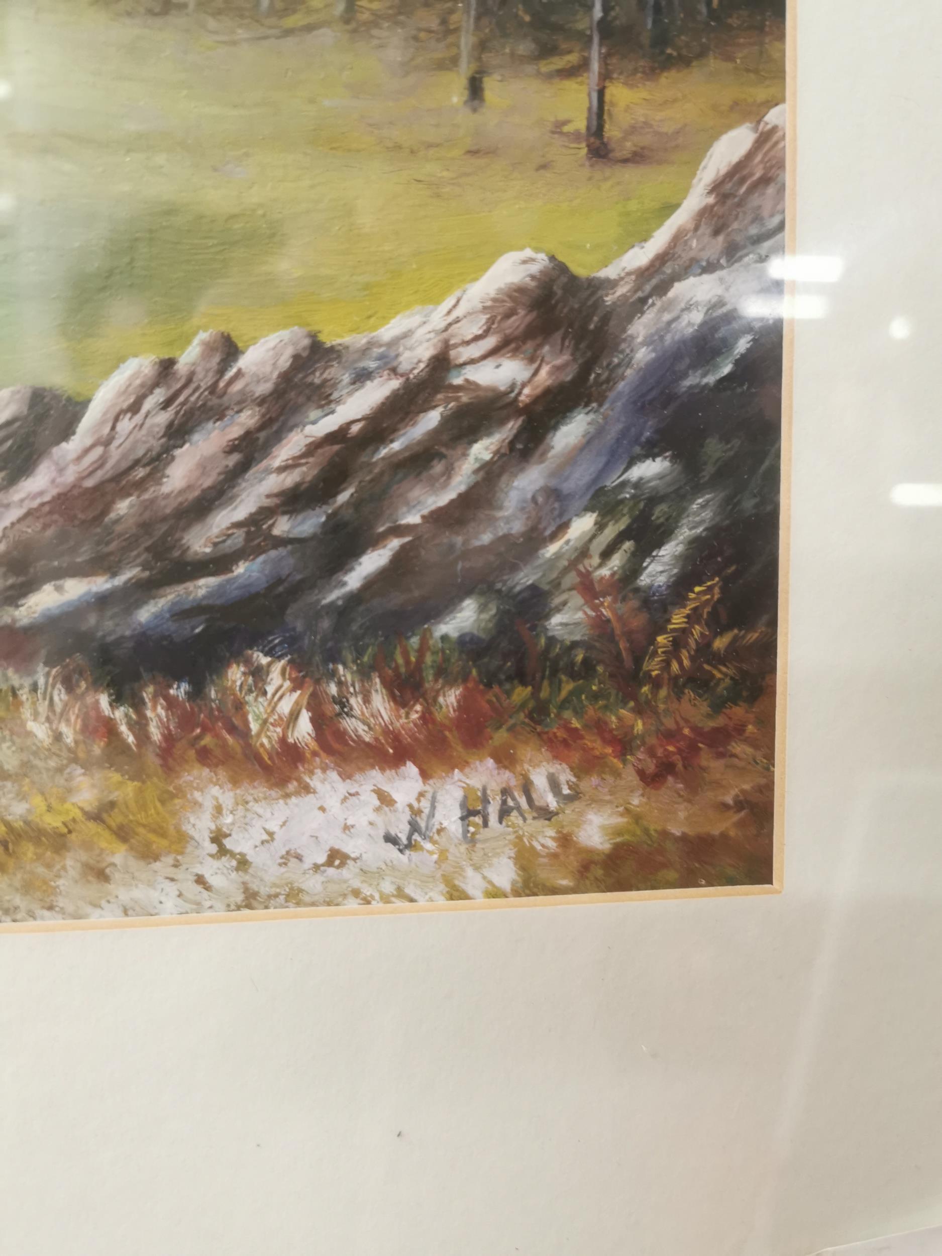 W. Hall Mountain Lake Scene framed Oil on Board {56cm H x 59cm W} - Image 2 of 3