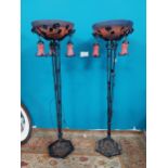 Pair of good quality metal lamps with coloured glass shades in the Art Nouveau style. {180 cm H x 57