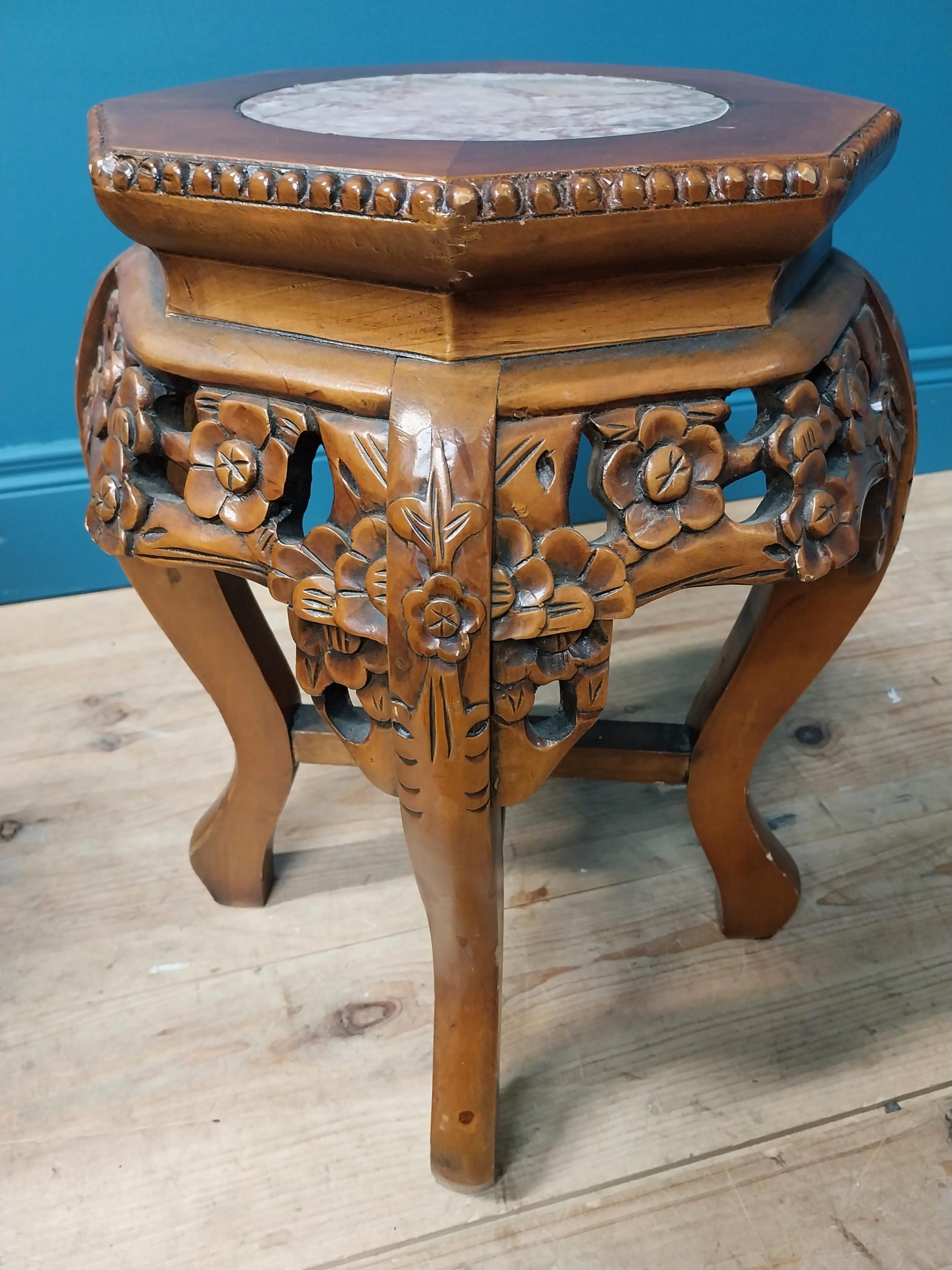 Pair of carved hardwood jardiniere stands with marble inset tops in the Chinese style. :48 cm H x 36 - Image 5 of 6