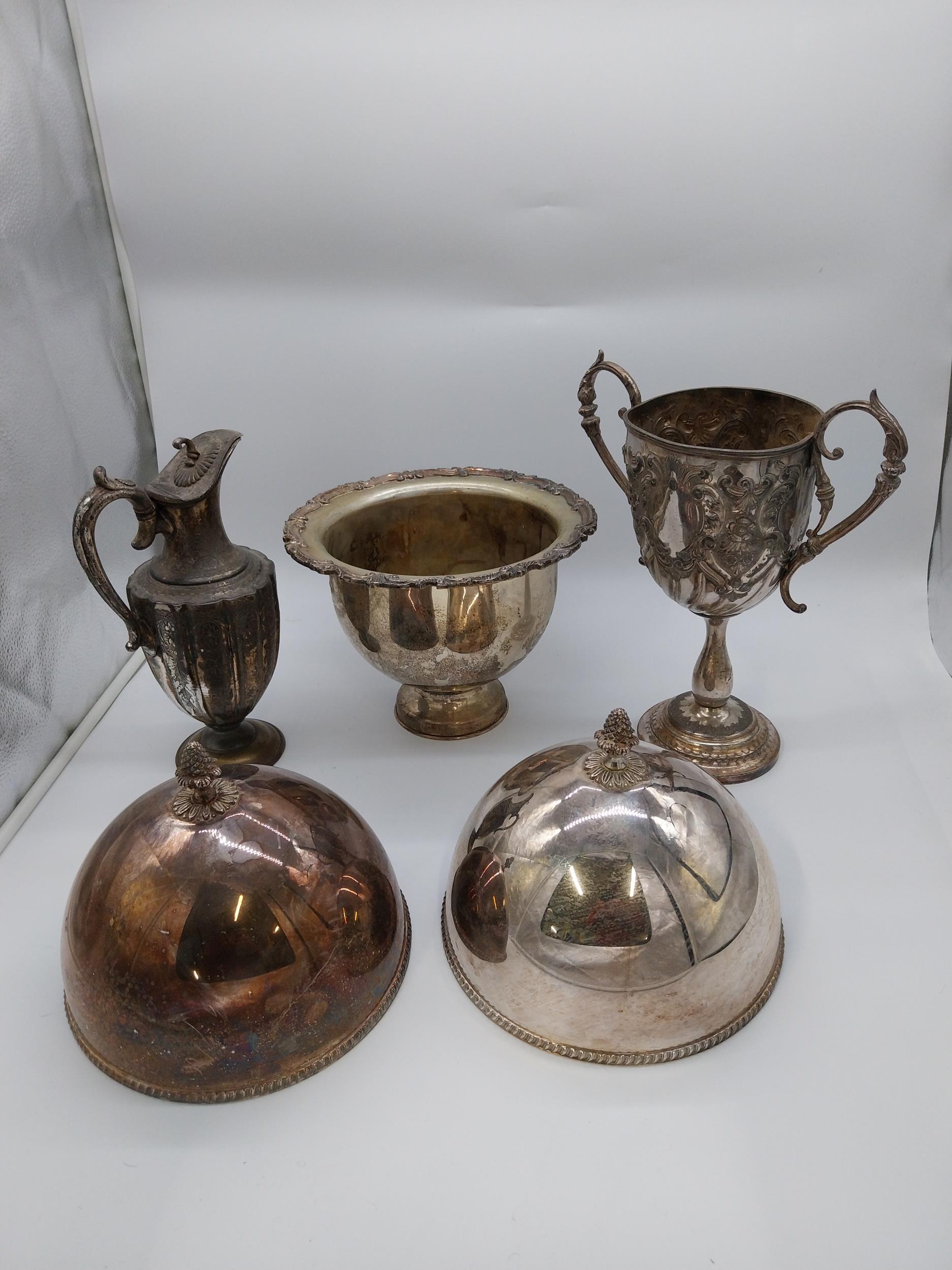 Miscellaneous collection of five early 20th C. pieces of silver plate including trophy and four