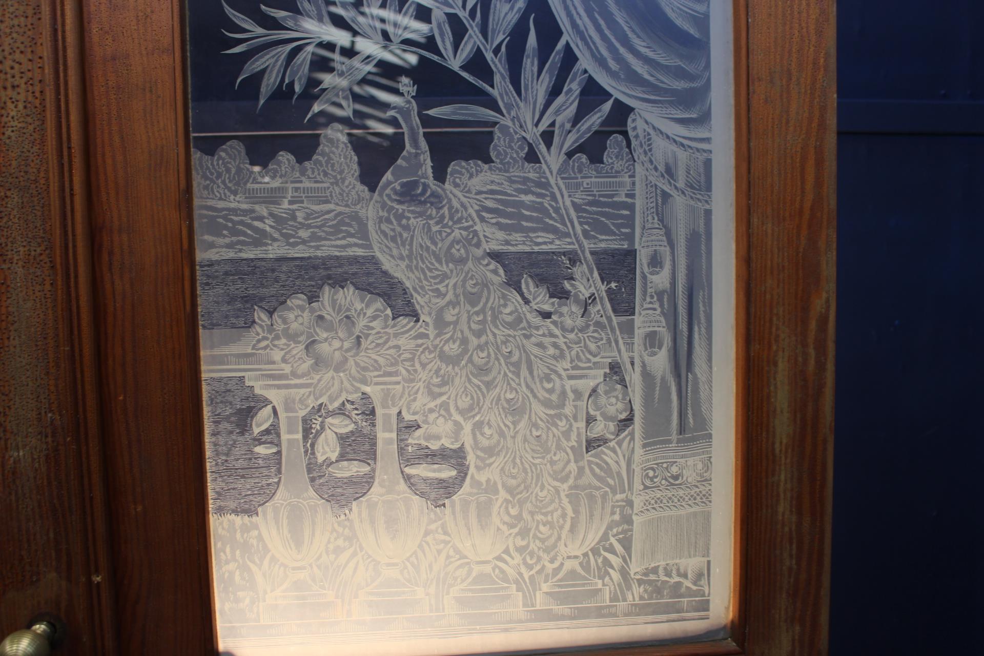 Pair of pitch pine doors with etched glass depicting a scene of balcony with birds {H 243cm x W 80cm - Image 8 of 8