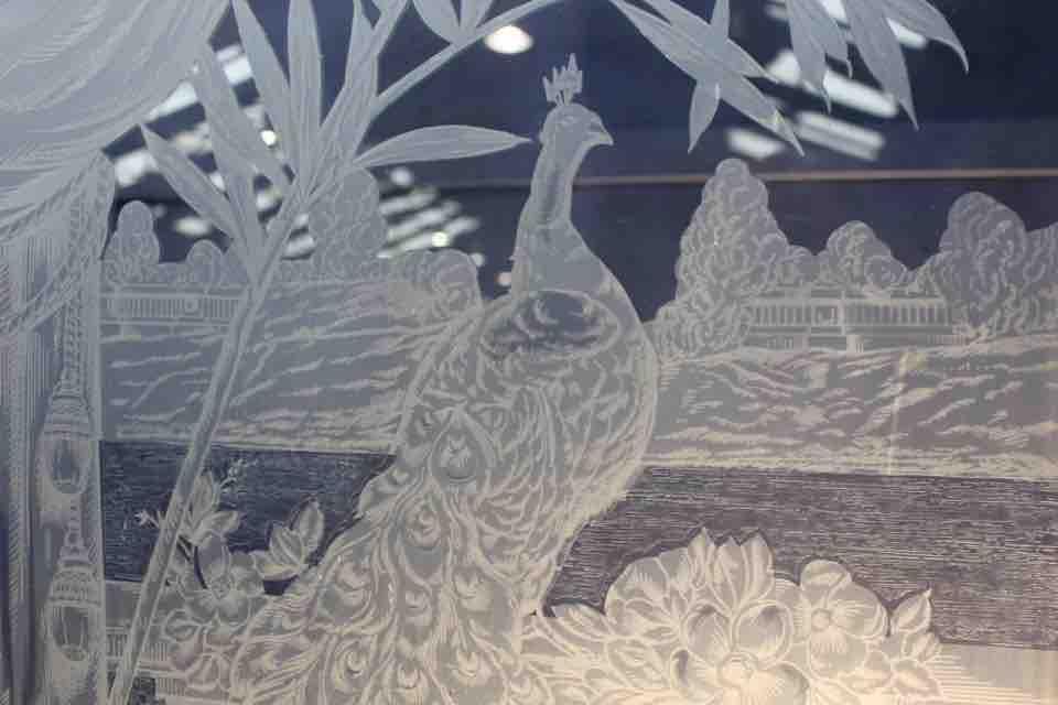 Pair of pitch pine doors with etched glass depicting a scene of balcony with birds {H 243cm x W 80cm - Image 6 of 8