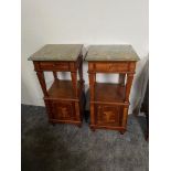 Pair of rosewood inlaid bedside cabinets with marble top and single drawer over single door. {88
