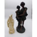 20th C. packed bronze figural group and Oriental composition figure {44 cm H x 18 cm W x 16 cm D and