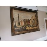 Good quality large O'Connell Street Dublin oeleograph mounted in gilt frame {185 cm H x 254 cm W}.