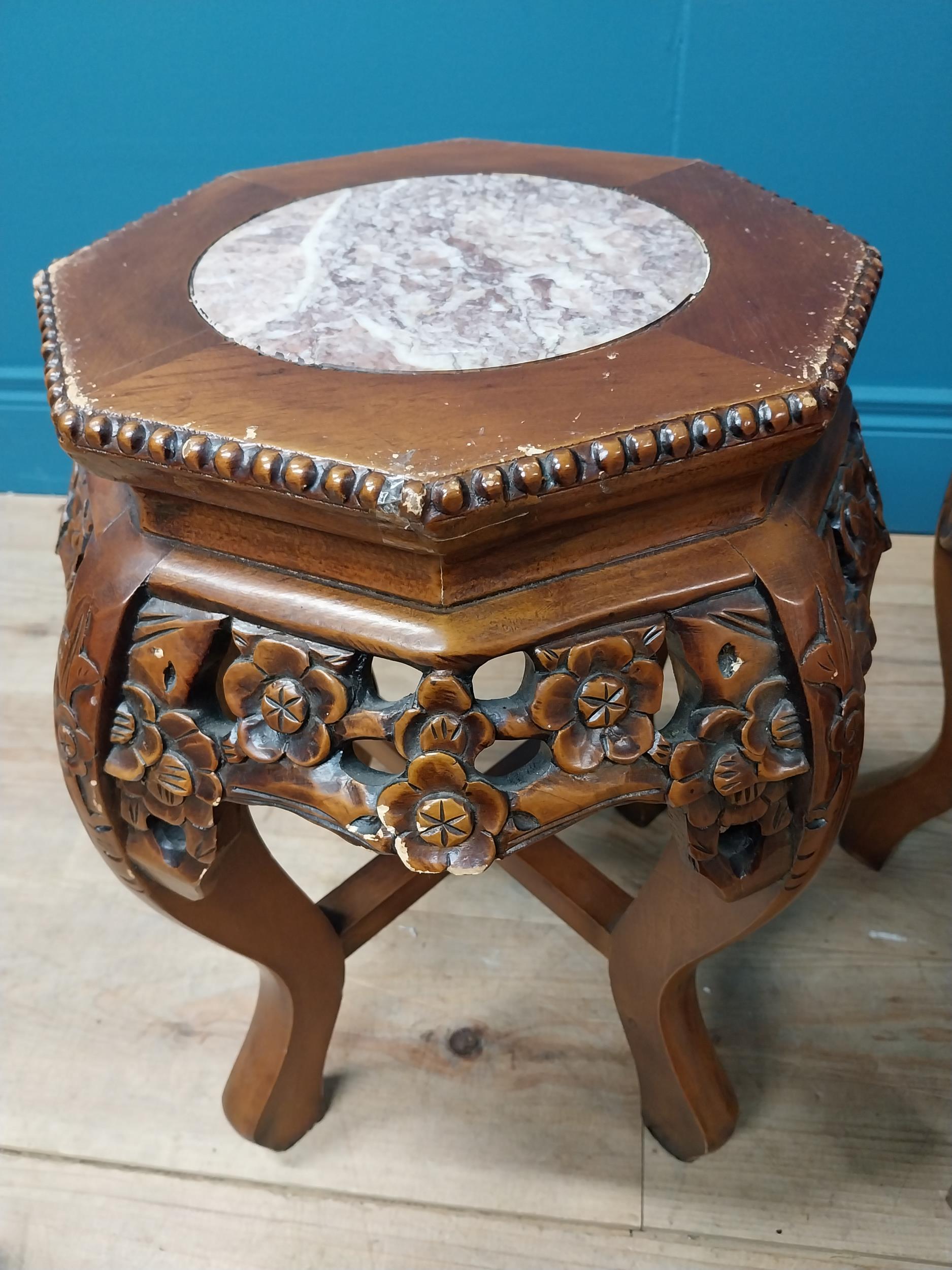 Pair of carved hardwood jardiniere stands with marble inset tops in the Chinese style. :48 cm H x 36 - Image 2 of 6