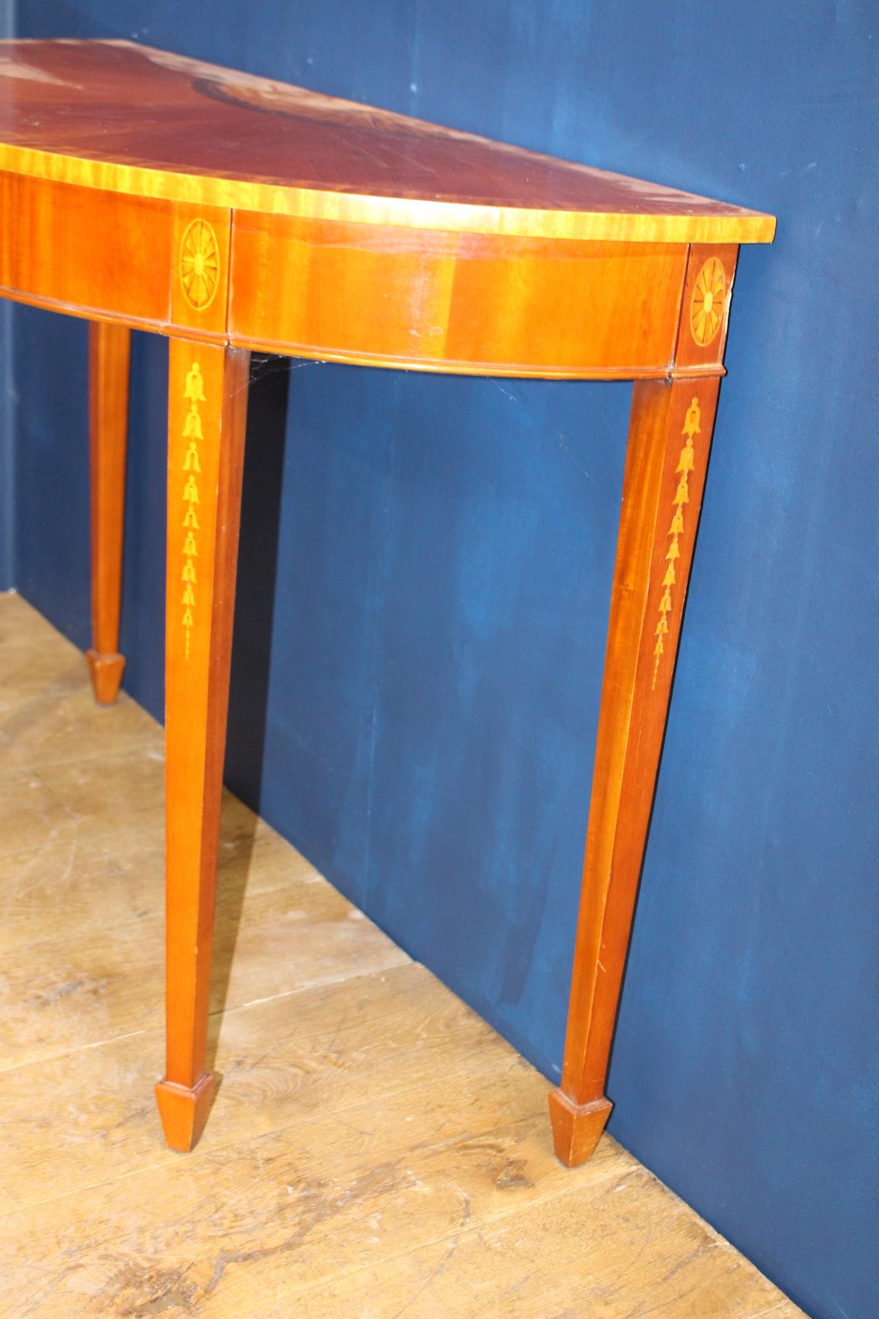 Mahogany demi-lune consul table raised on square tapered legs {H 83cm x W 114cm x D 49cm}. - Image 3 of 3