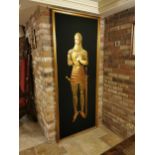 Unusual copper and metal wall plaque depicting a Medieval Knight mounted in a gilt frame {207 cm H x