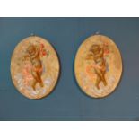 Pair of late 19th C. painted plaster wall plaques depicting Cherubs {42 cm H x 32 cm W}.