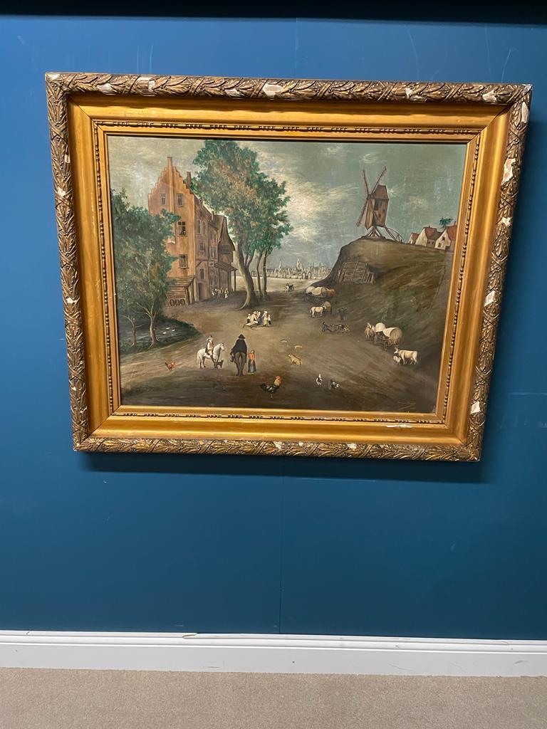 19th C. naive Fernand Cloquet Dutch Village Scene Oil on board signed bottom right mounted in a gilt