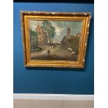 19th C. naive Fernand Cloquet Dutch Village Scene Oil on board signed bottom right mounted in a gilt