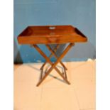 1950s mahogany butlers tray on folding stand in the Georgian manner {85 cm H x 75 cm W x 50 cm D}.
