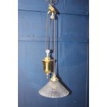 Brass pulley light with ribbed glass shade {H 113cm x Dia 25cm}.