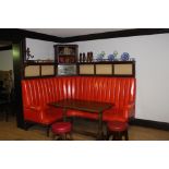 Mahogany and ribbed red leather corner pub - bar - café - restaurant bench with bevelled glass