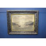 Early 19th C. Lake and Mountain scene oil on canvas mounted in wooden frame [H 71cm x W 91cm x D