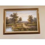 Oil on canvas Woodland scene mounted in gilt frame {79 cm H x 108 cm W}.