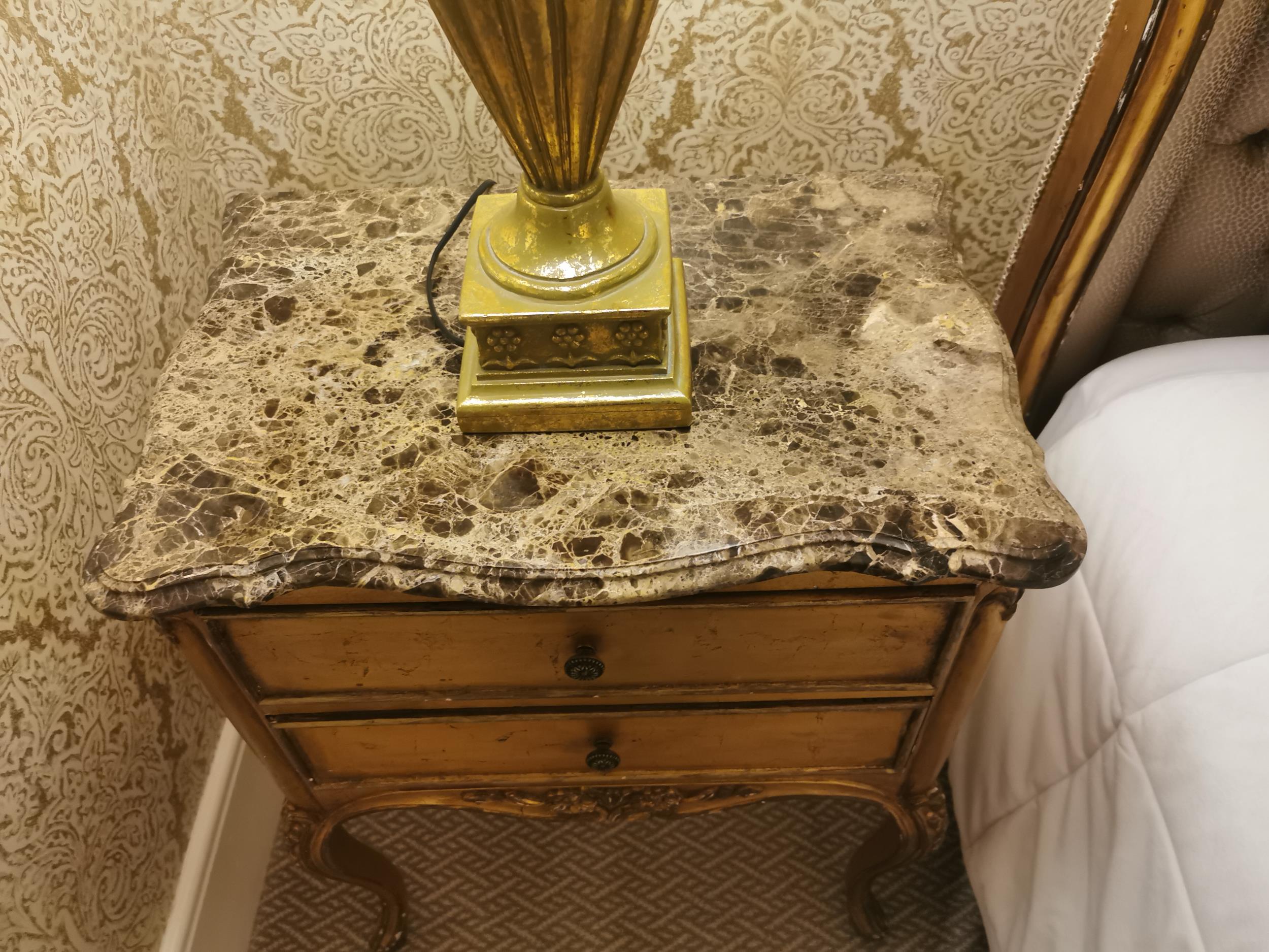 Pair of French giltwood bedside cabinets with marble top {72 cm H x 59 cm W x 40 cm D}. - Image 2 of 4