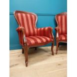 Pair of mahogany and upholstered open armchairs on Queen Anne legs.{104 cm H x 64 cm W x 60 cm D}.