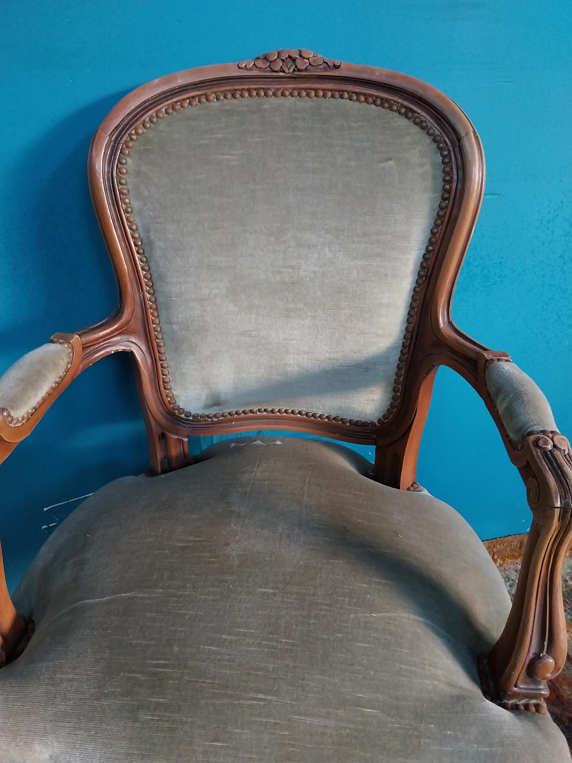 Pair of vintage French walnut and upholstered armchairs raised on cabriole legs and single chair {97 - Image 5 of 6