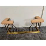 Brass club fender with upholstered seat. {56 cm H x 134 cm W x 44 cm D}.