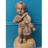 Carved wooden cherub playing Violin. {47 cm H x 27 cm W x 13 cm D}.