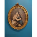 19th C. Mother and Child coloured print mounted in giltwood frame {66 cm H x 52 cm W}.