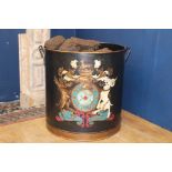 Metal turf bucket with family crest {H 60cm x Dia 58cm}.