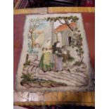 19th C. embroidered tapestry depicting Village scene {71 cm H x 54 cm W}.