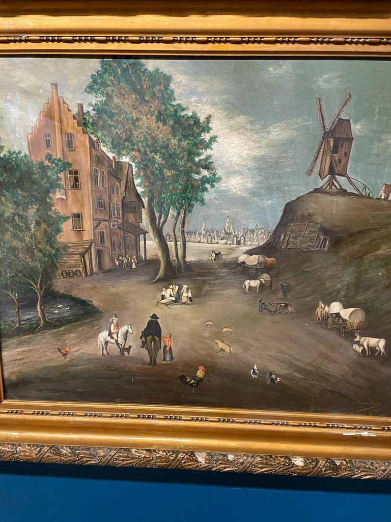 19th C. naive Fernand Cloquet Dutch Village Scene Oil on board signed bottom right mounted in a gilt - Image 3 of 3