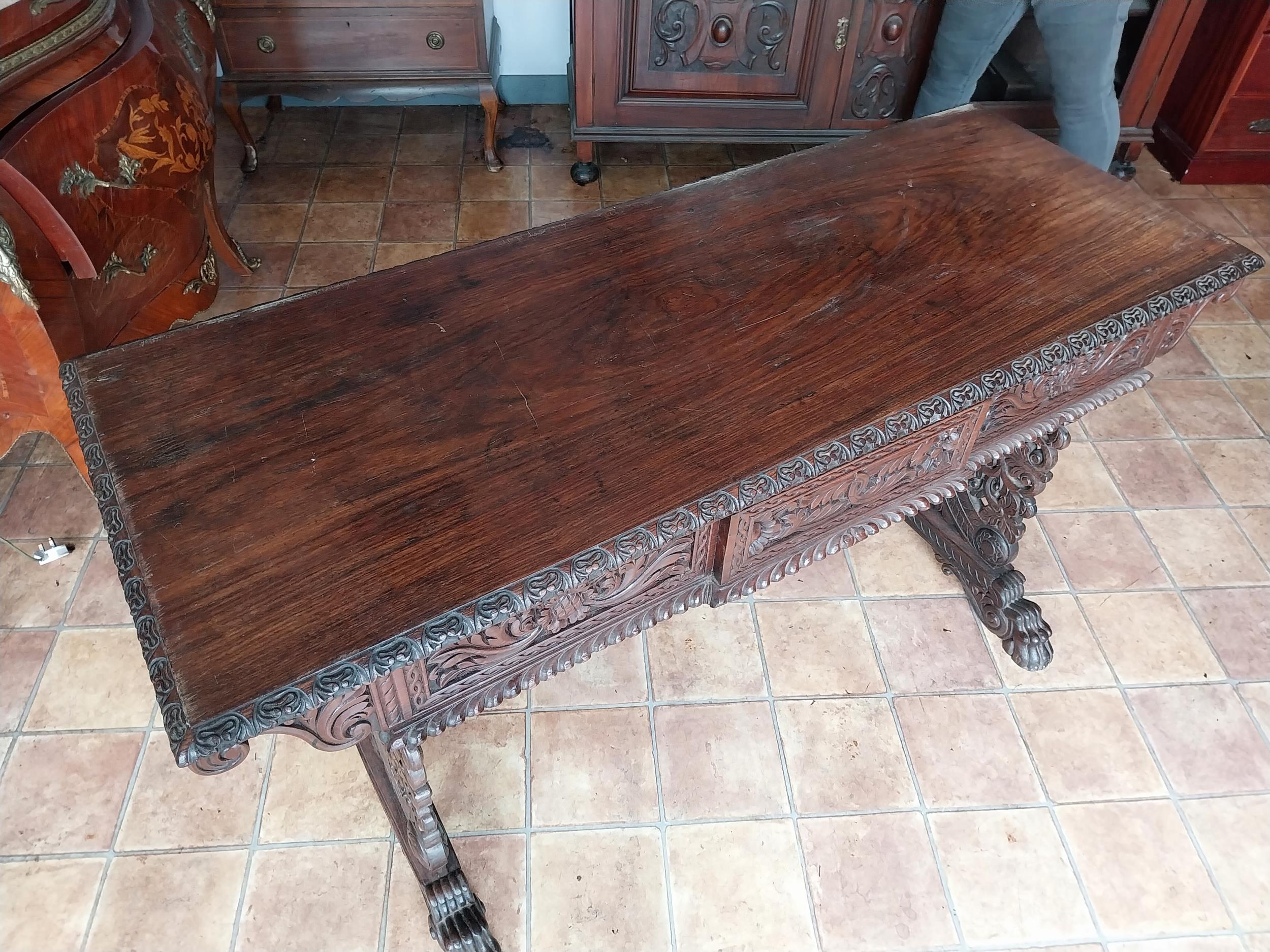 19th C. carved rosewood Oriental centre table with single drawer in frieze decorated with - Image 4 of 4