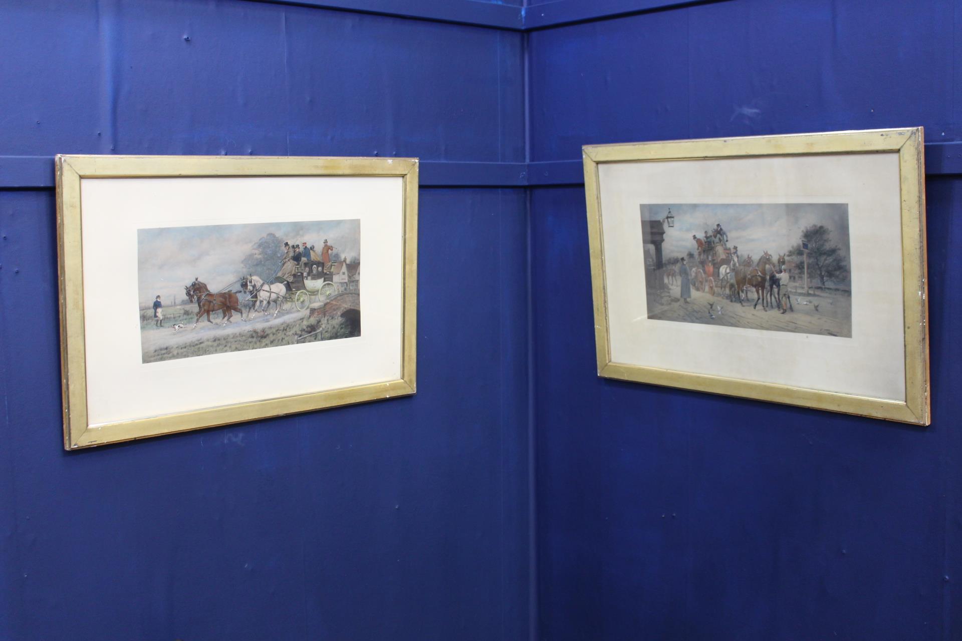 Pair of Coach and horse coloured prints mounted in gilt frame {H 51cm x W 76cm}.