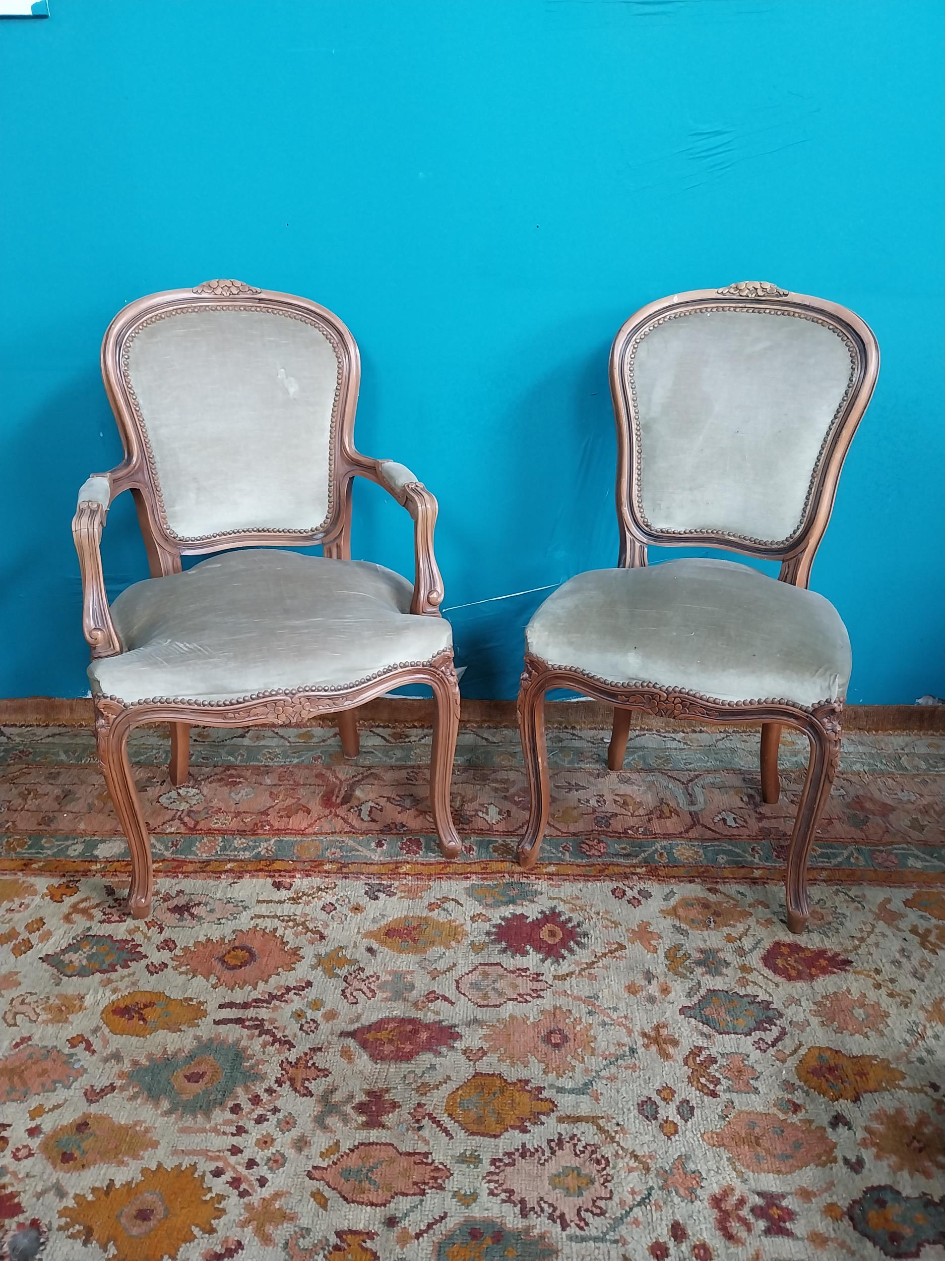 Pair of vintage French walnut and upholstered armchairs raised on cabriole legs and single chair {97