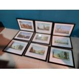 Set of nine coloured prints of various Dublin scenes mounted in ebonised frame {46 cm H x 56 cm W}.