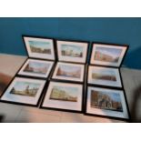 Set of nine coloured prints of various Dublin scenes mounted in ebonised frame {46 cm H x 56 cm W}.