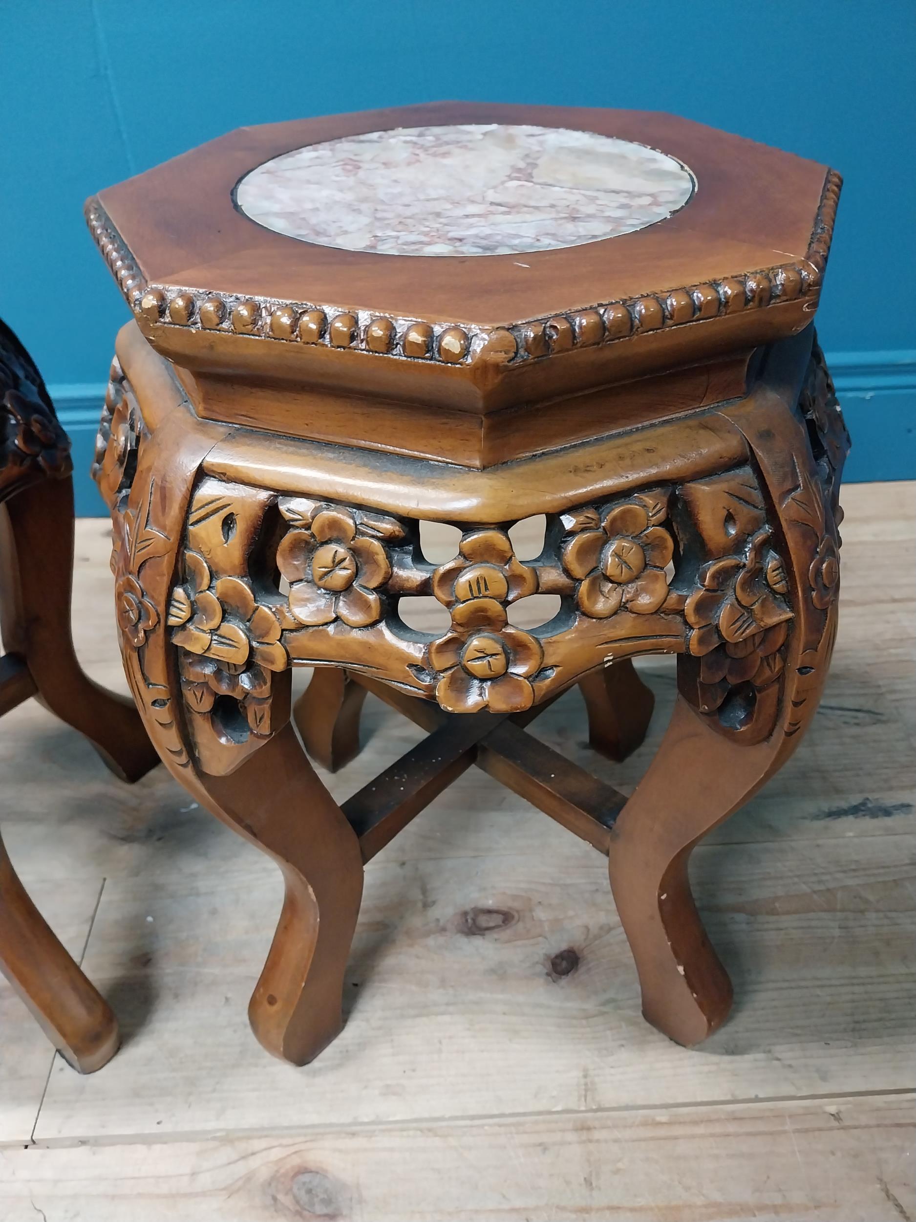 Pair of carved hardwood jardiniere stands with marble inset tops in the Chinese style. :48 cm H x 36 - Image 3 of 6