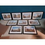 Set of nine coloured prints of various Dublin scenes mounted in ebonised frame {46 cm H x 56 cm W}.