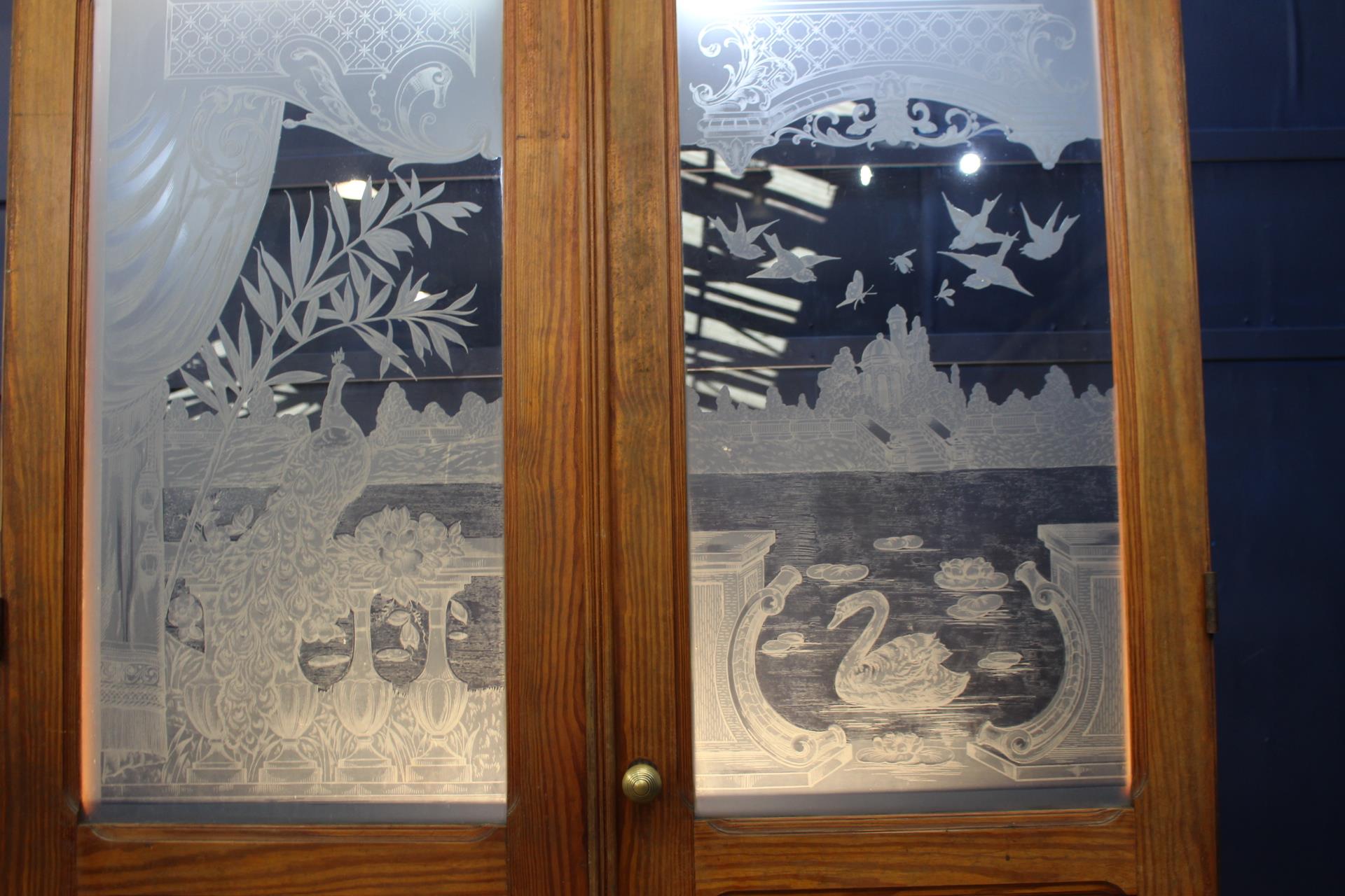 Pair of pitch pine doors with etched glass depicting a scene of balcony with birds {H 243cm x W 80cm - Image 3 of 8