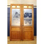 Pair of pitch pine doors with etched glass depicting a scene of balcony with birds {H 243cm x W 80cm