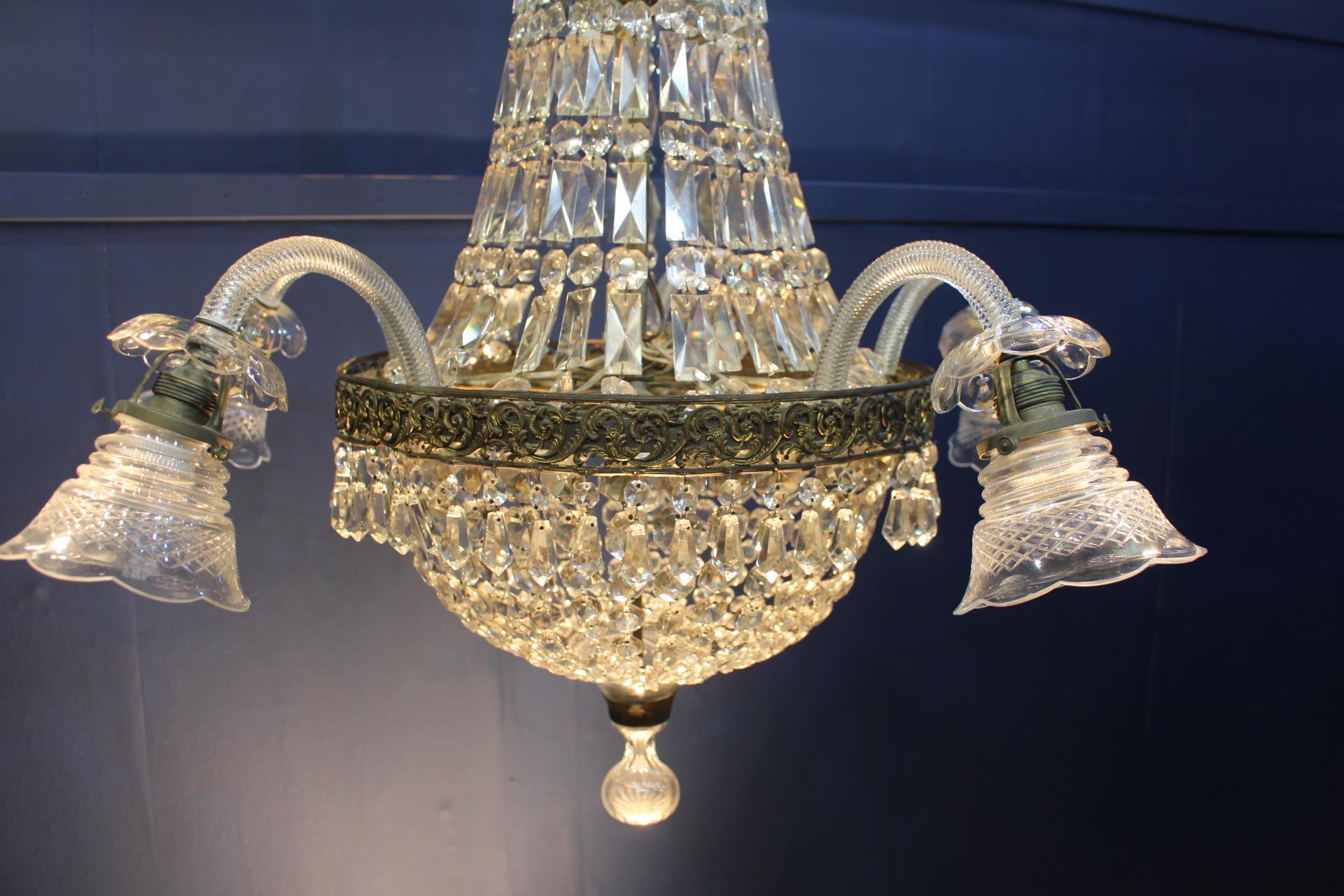 Mokano brass and cut glass five branch chandelier {H 100cm x Dia 95cm}. - Image 3 of 6